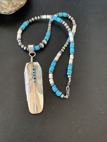 Navajo Turquoise Multi-Stone Feather Pendant | Authentic Native American Sterling Silver | Handmade | 3.5" | 02133