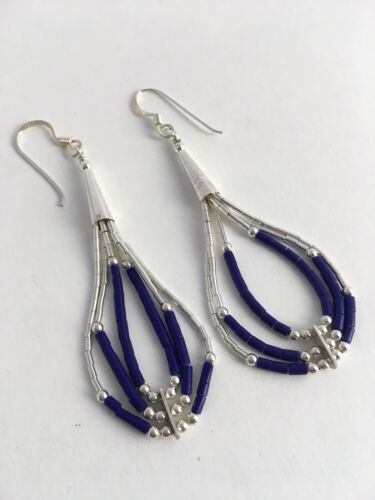 Navajo Lapis Lazuli Heishi Tube Dangle Earrings | Sterling Silver | 2" | 8876