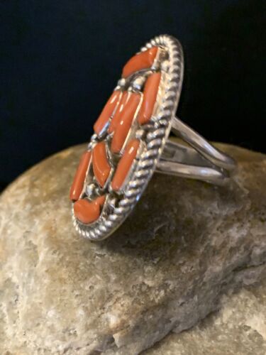 Navajo Red Coral Cluster Ring | Authentic Native American Sterling Silver | Multi-Stone | Sz 9 | 00509