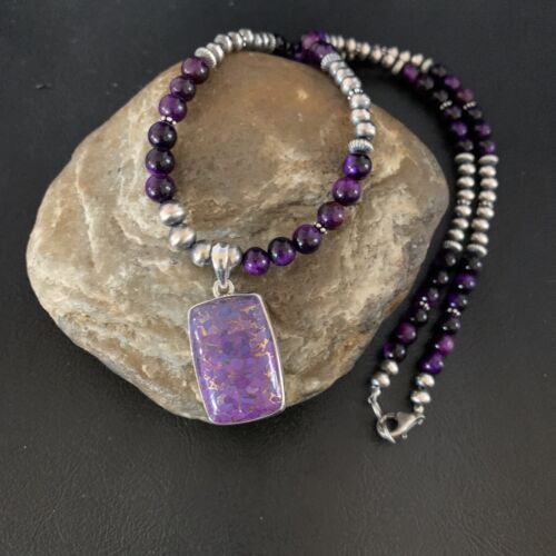 Navajo Pearl Purple Mojave Turquoise Onyx Pendant Necklace | Sterling Silver | Authentic Native American Handmade | 13404