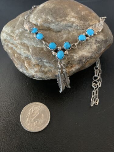 Old Pawn Navajo Blue Kingman Turquoise Necklace | Sterling Silver | 16" Chain | Authentic Native American Handmade | 1184