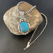 Men's Navajo Pearls Necklace with Blue Kingman Turquoise Pendant | Sterling Silver | Native American Handmade | 12596