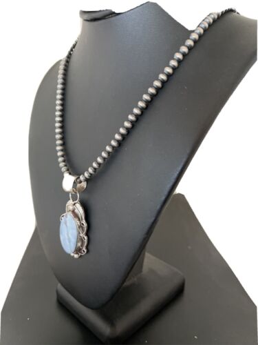 Navajo Blue Larimar Pendant Necklace | Sterling Silver Beads | Authentic Native American Handmade | 01212