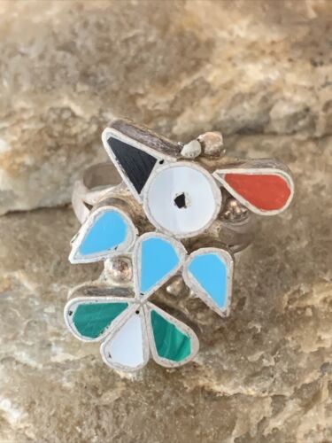 Zuni Peyote Bird Ring | Sterling Silver Coral Turquoise Onyx Mother of Pearl Inlay | Sz 5 | 10213