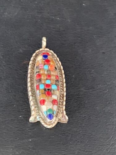 Zuni Corn Coral Mother of Pearl Turquoise Inlay Pendant | Sterling Silver | 1.75" | 13689