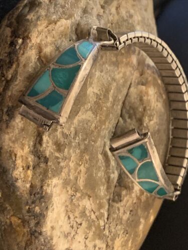 Navajo Sterling Silver Watch Tips | Old Pawn Blue Turquoise Inlay | Authentic Native American Jewelry | 1443
