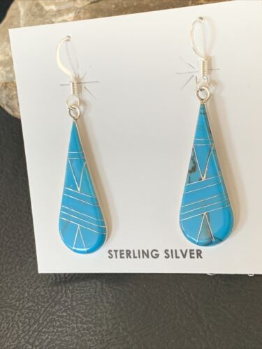 Navajo Blue Turquoise Inlay Dangle Drop Earrings | Sterling Silver | 1.5" | 12310