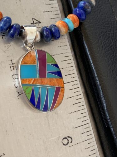 Navajo Multi-Color Spiny Turquoise Inlay Pendant | Sterling Silver | Authentic Native American Handmade | 10658