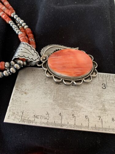 Navajo Red Spiny Oyster Pendant Necklace | 3 Strand Sterling Silver | Native American Handmade | 1327