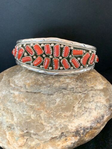 Native American Red Coral Cuff Bracelet | Navajo Sterling Silver | Authentic Handmade | 4670 - Masha USA