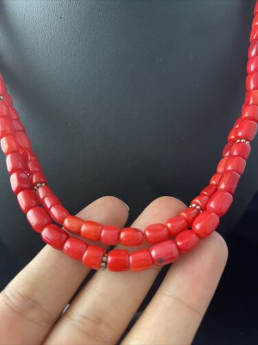 Native American Red Stabilized Coral Heishi Necklace | Sterling Silver | 18" | 1765