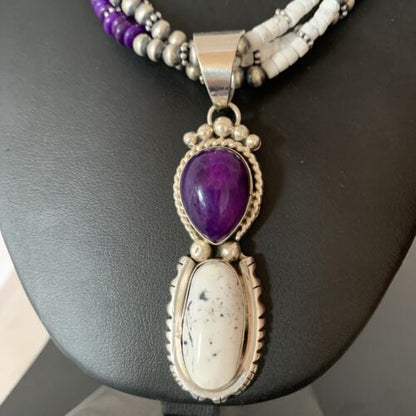 Navajo Sterling Silver Turquoise & Sugilite Beads Necklace Pendant | 23" | Multi-Strand | 01867
