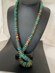 Navajo Sterling Silver Necklace | Natural Green Turquoise & Spiny Oyster | Graduated | Authentic Native American | 28" | 00328
