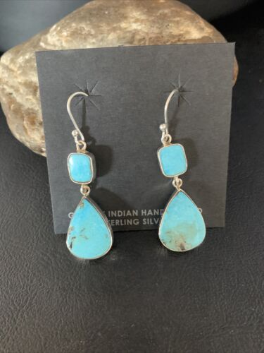 Kingman Turquoise Dangle Earrings | Navajo Sterling Silver | Authentic Native American Handmade | 14078