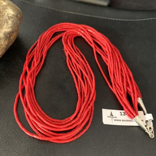 Red Coral Stabilized Heishi 10-Strand Necklace | Liquid Sterling Silver | 24" | 13423