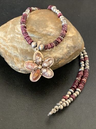Navajo Sterling Silver Wild Horse Pendant | Authentic Native American Purple Spiny Oyster Necklace | Multi-Stone | 12330