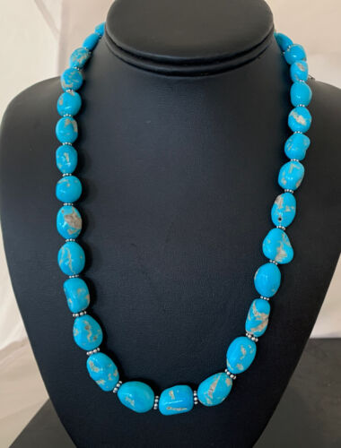 Navajo Sleeping Beauty Turquoise Beads Necklace | Sterling Silver Pearls | Authentic Native American Handmade | 00800