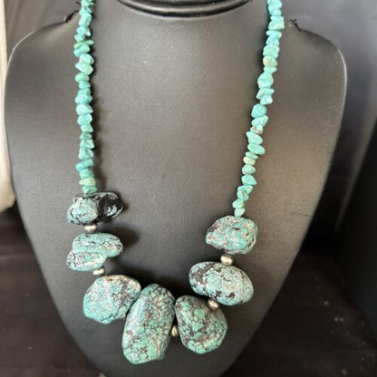 Navajo Blue Turquoise Nugget Necklace | Sterling Silver | Authentic Native American Handmade | 20" | 14419