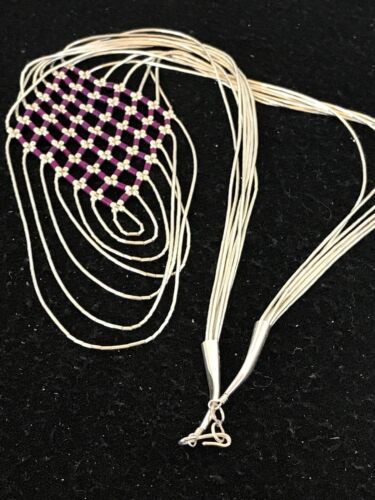 Native American Sugilite Heishi Tubes Necklace | 7 Strand Liquid Sterling Silver | 8560