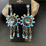 Zuni Sun Face Dangle Earrings | Kingman Turquoise & Black Onyx | Sterling Silver | 12127