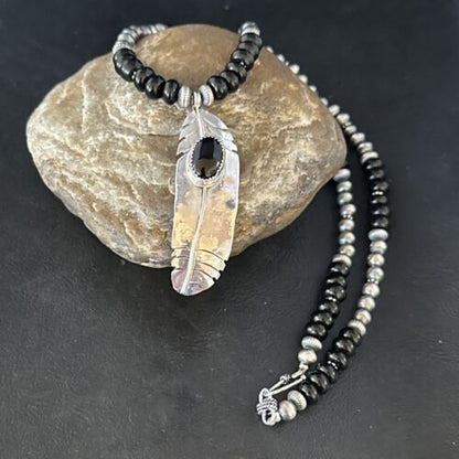 Navajo Pearls Black Onyx Necklace Pendant | Sterling Silver | Authentic Native American Handmade | 14626