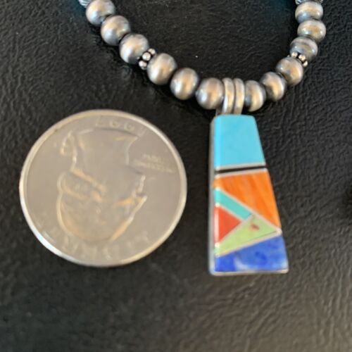 Navajo Sterling Silver Necklace | Blue Turquoise Coral Inlay Pendant | Southwestern |13841