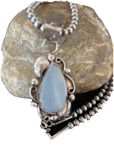 Native American Men's Necklace | Navajo Sterling Silver Beads with Blue Larimar Pendant | 01364