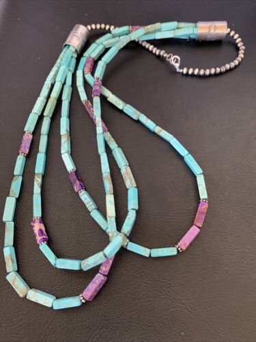 Navajo Blue Turquoise Jasper Bead Necklace | 3-Strand Sterling Silver | 24" | Authentic Native American Handmade | 12512