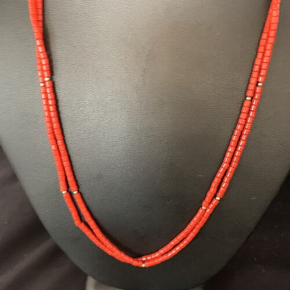 Navajo Red Coral Liquid Heishi Necklace | 2 Strands Sterling Silver Tubes | 22" | Authentic Native American Handmade | 768
