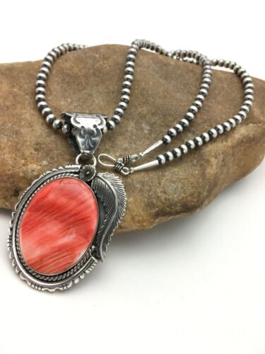 Navajo Red Spiny Oyster Pendant Necklace Set | Sterling Silver | Authentic Native American Handmade | Yazzie | 2879