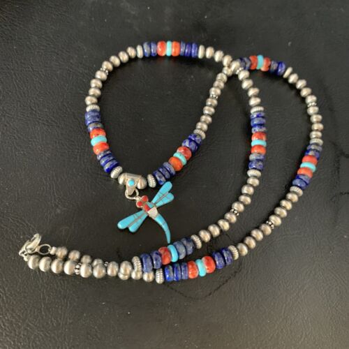 Navajo Dragonfly Pendant | Sterling Silver Turquoise Coral Multi-Color Inlay | Authentic Native American Handmade | 13515