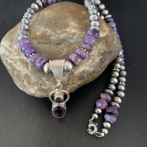 Navajo Purple Charoite and Amethyst Pendant Necklace | Authentic Native American Sterling Silver | Multi-Stone | 22" | 13412