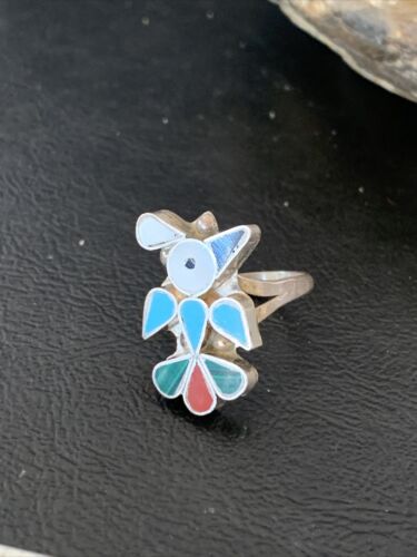 Zuni Peyote Bird Inlay Ring | Sterling Silver | Coral, Turquoise, Onyx, Mother of Pearl | Sz 6.5 | 10791