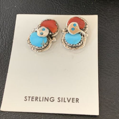 Zuni Snake Earrings | Blue Kingman Turquoise & Red Coral | Sterling Silver | Native American Handmade | 12041