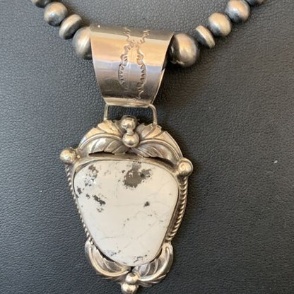 Navajo Pearls White Buffalo Turquoise Necklace Pendant | Sterling Silver | Authentic Native American Handmade | 10868