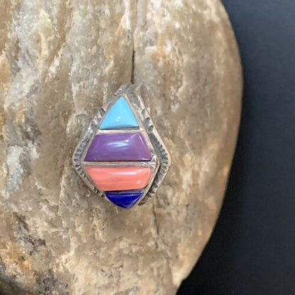 Navajo Multi-Color Turquoise Sugilite Coral Lapis Inlay Ring | Sterling Silver | Sz 9 | 12396