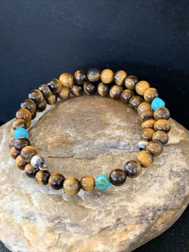 Stainless Steel Memory Wire Bracelet | Tiger's Eye & Turquoise | Southwestern Navajo Style | 1419