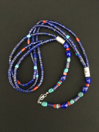 Southwestern Navajo Lapis Turquoise Necklace | 3-Strand | Sterling Silver | 24" | 1332
