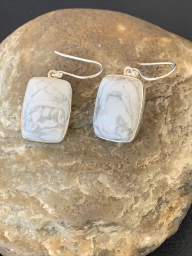 Navajo Sterling Silver White Howlite Black Dangle Rectangle Earrings | 0.75" | 12070