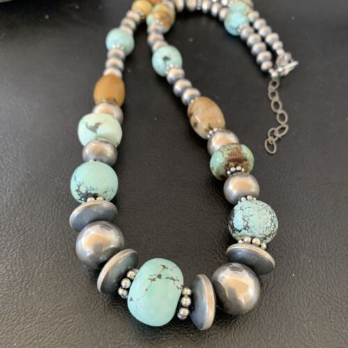 Navajo Pearl Dry Creek Turquoise Beads Necklace | Sterling Silver | 21" | Authentic Native American Handmade | 10980