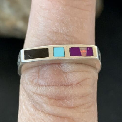 Navajo Blue Lapis Turquoise Purple Spiny Oyster Inlay Ring | Sz 7 | Authentic Native American Handmade | 11141