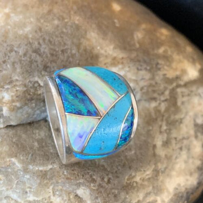 Navajo Blue Turquoise Opal Inlay Band | Sz 5 | Authentic Native American Handmade Men's Pinky Ring | 12858