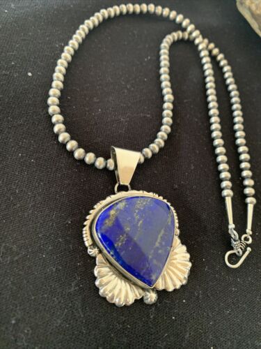 Native American Men's Navajo Pearls Necklace Pendant | Sterling Silver Blue Lapis | 01540