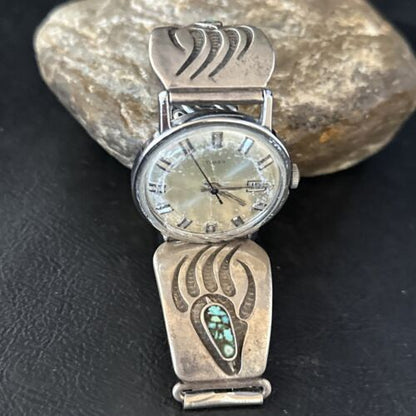 Men's Bear Paw Blue Turquoise Chip Inlay Watch Tips | Navajo Sterling Silver | Authentic Native American Jewelry | 14310