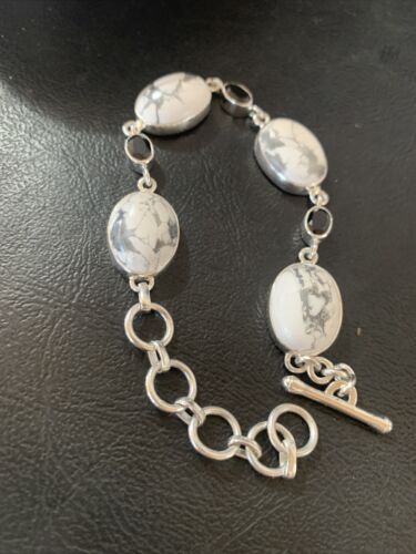 Native American Sterling Silver Smoky Quartz White Howlite Link Bracelet | 8" | 11656