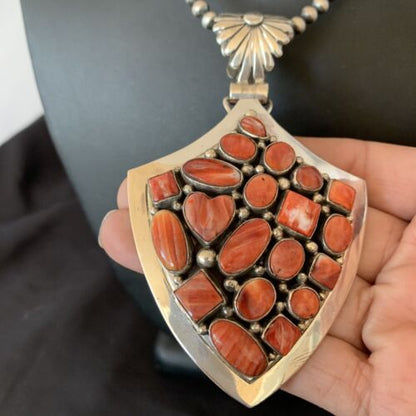 Navajo Red Spiny Oyster Pendant | Sterling Silver | Authentic Native American Handmade | 11514