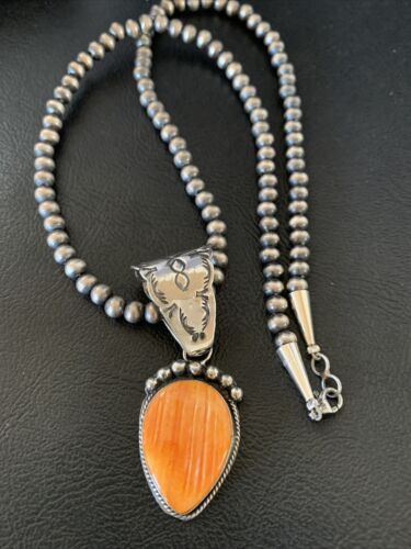 Navajo Orange Spiny Oyster Pendant Necklace | Sterling Silver | Authentic Native American Handmade | 13078