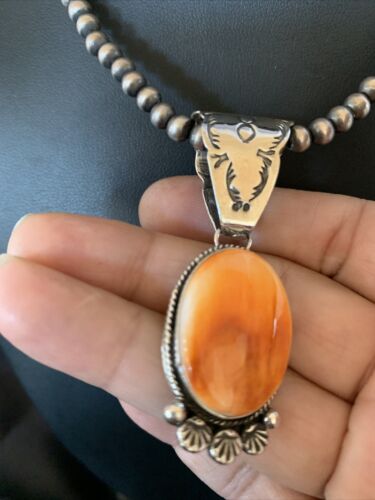 Navajo Orange Spiny Oyster Pendant Necklace | Sterling Silver | Authentic Native American Handmade | 13085