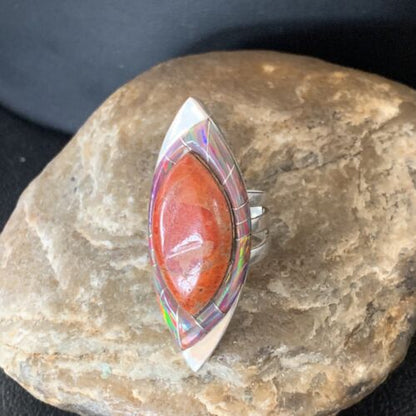 Navajo Red Spiny Oyster Opal Inlay Ring | Sterling Silver | Sz 6 | Authentic Native American Handmade | 12842