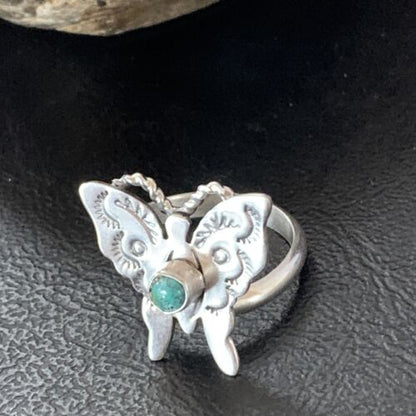 Navajo Blue Turquoise Butterfly Ring | Sterling Silver | Sz Adj 8 | Authentic Native American Handmade | 10340